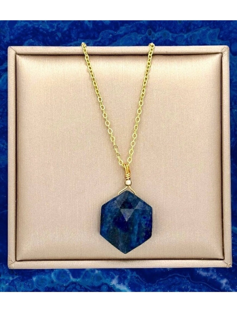 New Lapis Lazuli Pendant Necklace 14K Plated  18” Gemstone Geometric